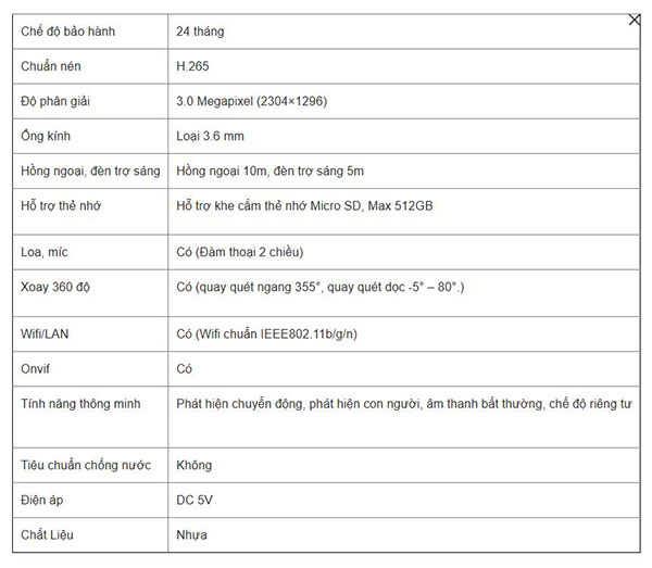 Thông Số Kỹ Thuật Camera Giám Sát Wifi Imou Trong Nhà Ranger Mini IPC-K2MP-3H1WE